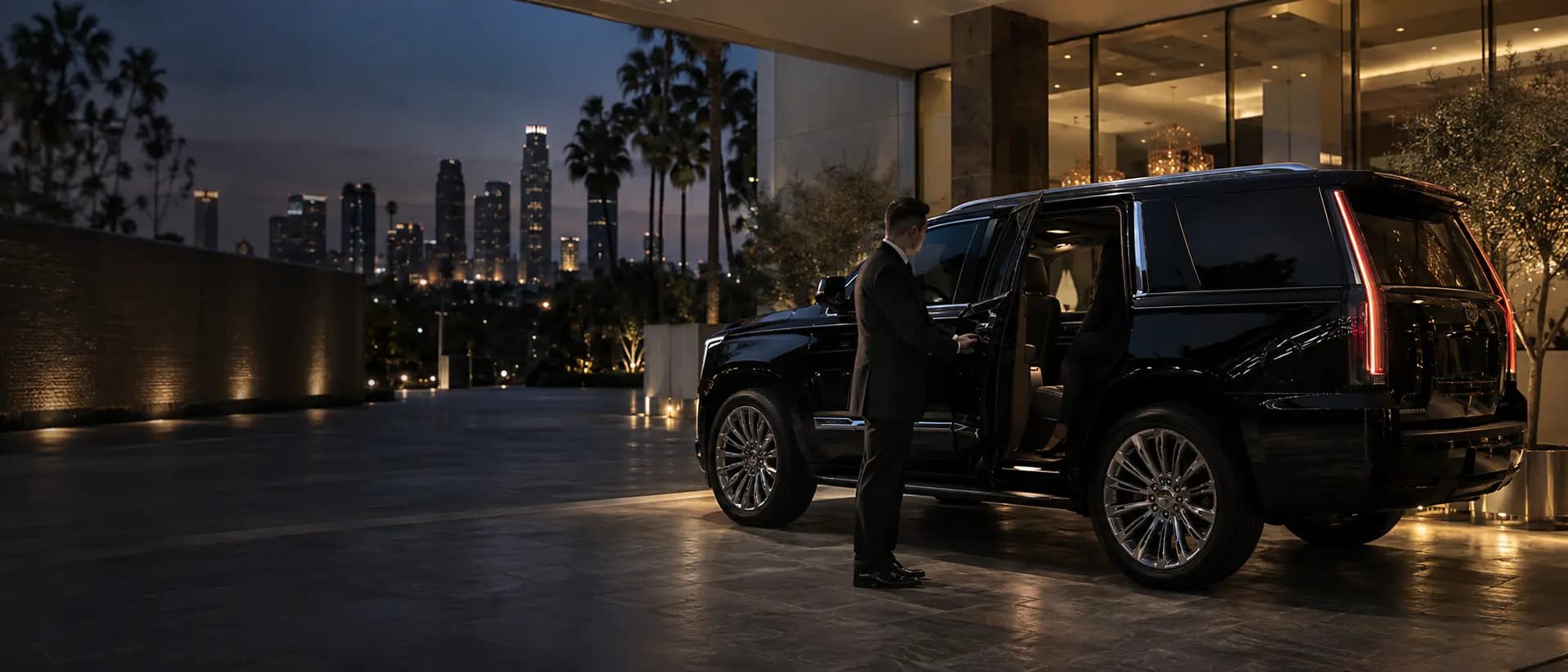Premium black vehicle arriving at an illuminated hotel entrance