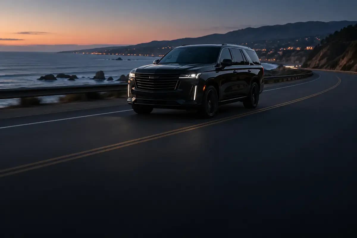 Black premium SUV traveling along a Southern California coastal highway